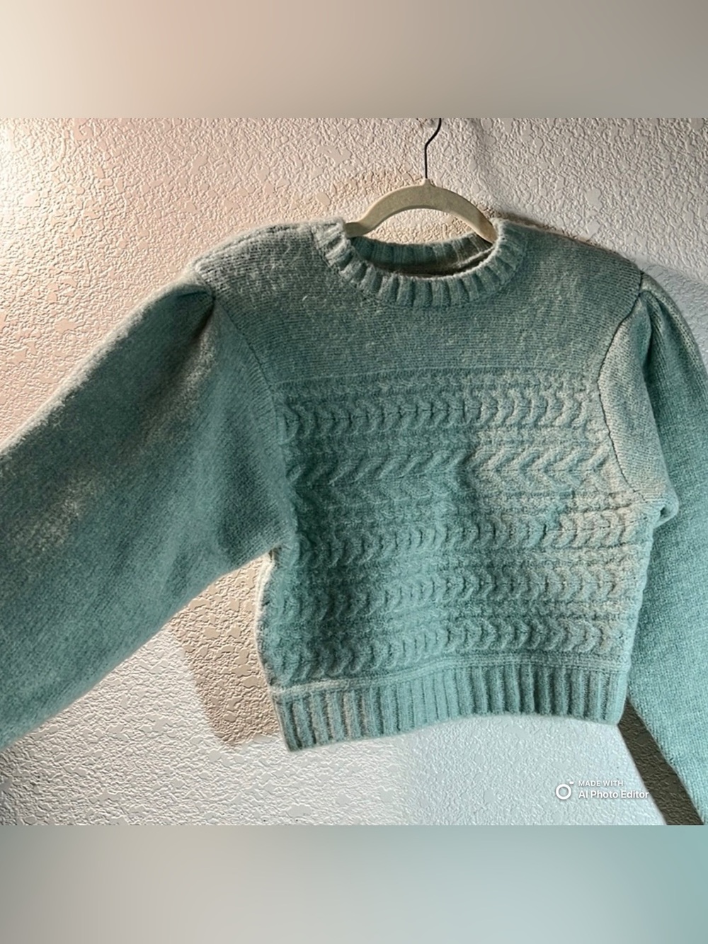 For Love & Lemons Dominique Cropped Cable Knit Sweater Mint Green S NWT - Picture 7 of 8